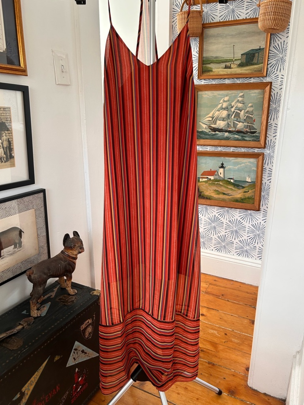 BCBGeneration Striped Red and Orange Maxi Slip Dress